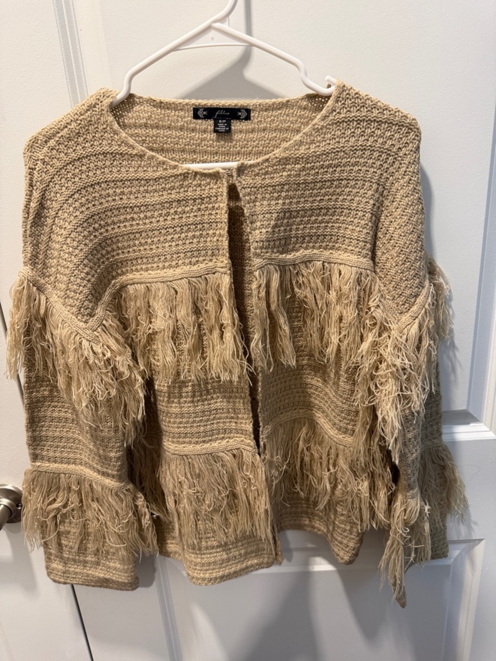 Lulu Townsend Fringe Open-Front Cardigan in Tan